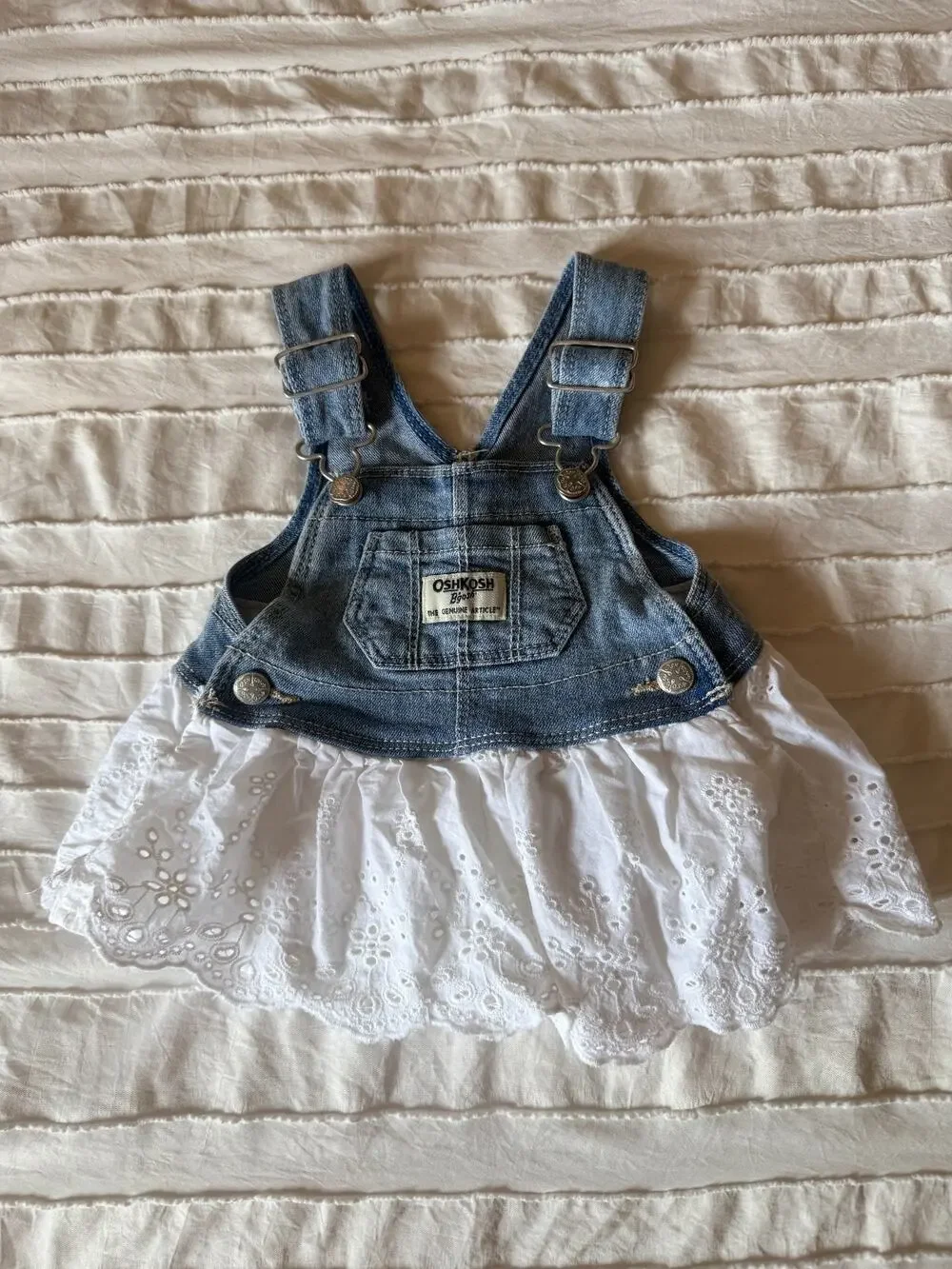 OshKosh B'gosh Baby Girl 3M Denim Overall Dress White Eyelet Jumper Sundress